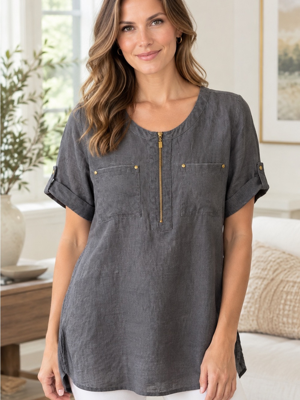 Ellen Tracy Charcoal Gray Linen Zip-Front Tunic